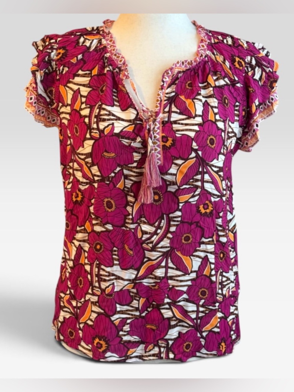 Rose + Olive Women’s M Floral Flutter Sleeve Tassel Tie Boho Blouse Rayon